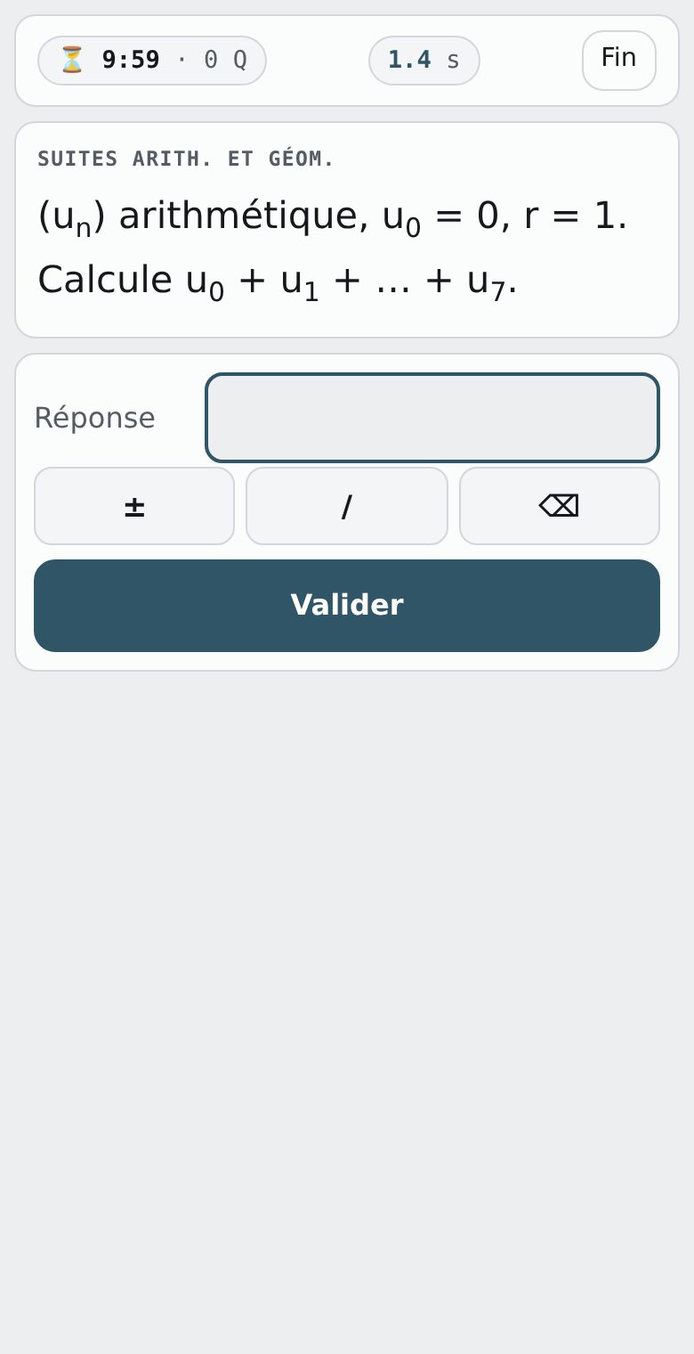 Drill on a phone: a derivative question with four possible answers and a countdown.